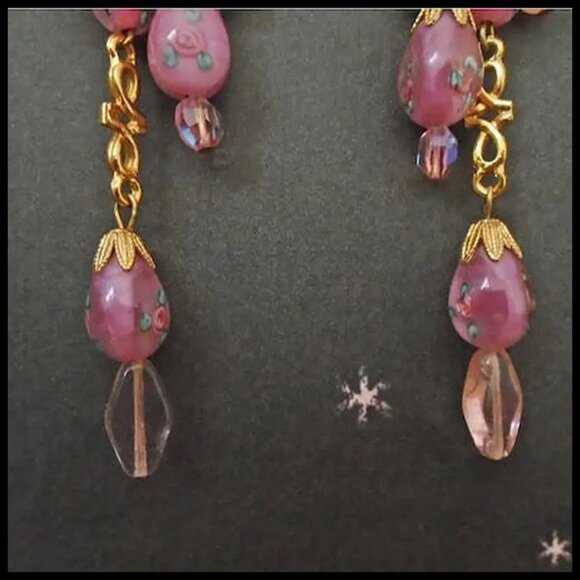 Extra Long Cluster Chain Earrings with Pink Lamp Beads are Recycled Vintage - Picture 4 of 9